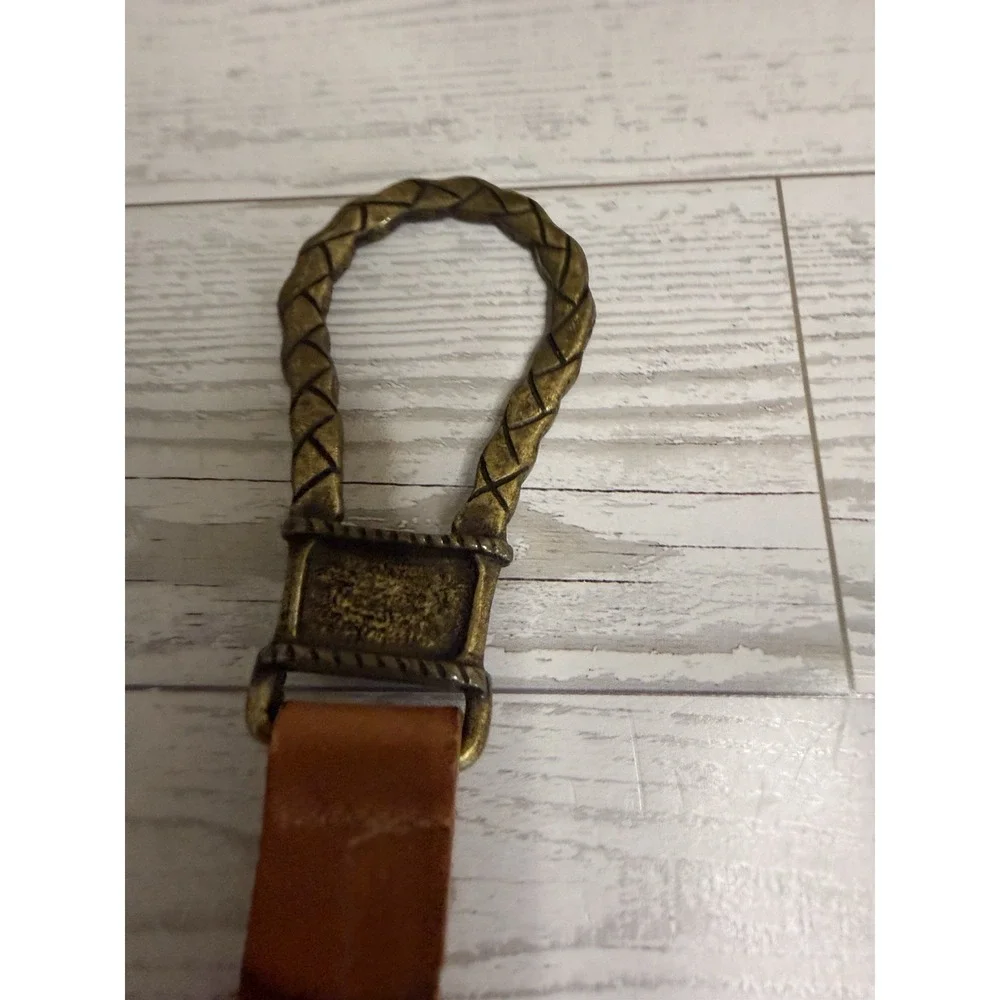 Chicos Italian Leather Brass Tone Waist Belt Size M/L Adjustable Hook Gemstones‎